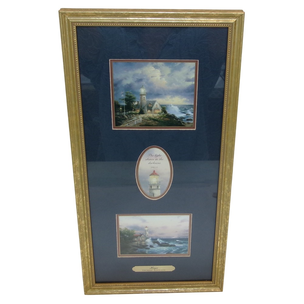 Thomas Kinkade Hope Lighthouse "Hope" Triple Print Navy Mat Gold Frame COA